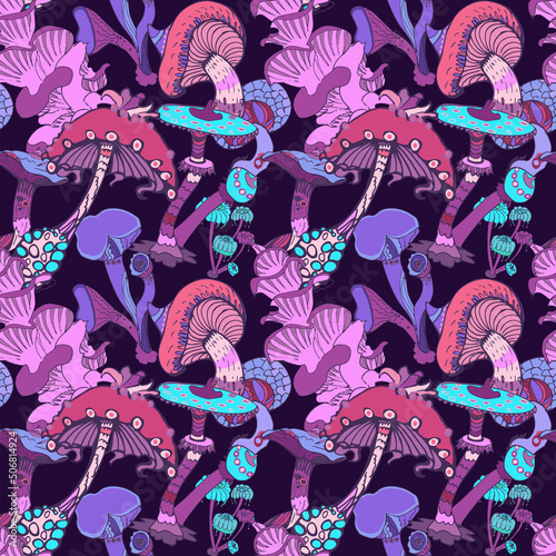 Fantasy seamless pattern with hand drawn colorful various mushrooms. Beautiful magic pattern, concept background. Vector illustration.