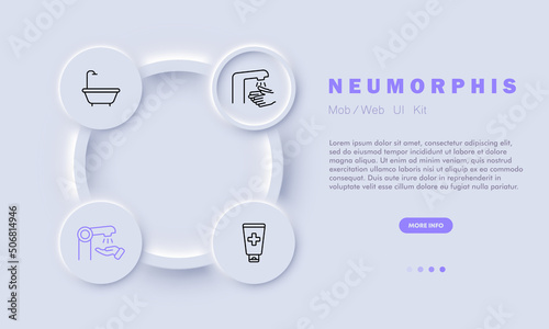 Hygienics set icon. Bath, water, faucet, hand washing, sanitation, antiseptic, liquid soap, toothpaste. Purity concept. Neomorphism style. Vector line icon for Business and Advertising