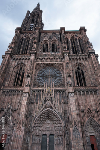Facade of the Strasbourg Cathedral, one of the biggest and most famous gothic cathedrals in France and the main landmark of Strasbourg city