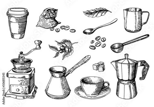 vector set of coffee sketch, freehand drawing, cup, coffee grinder, grains and other items