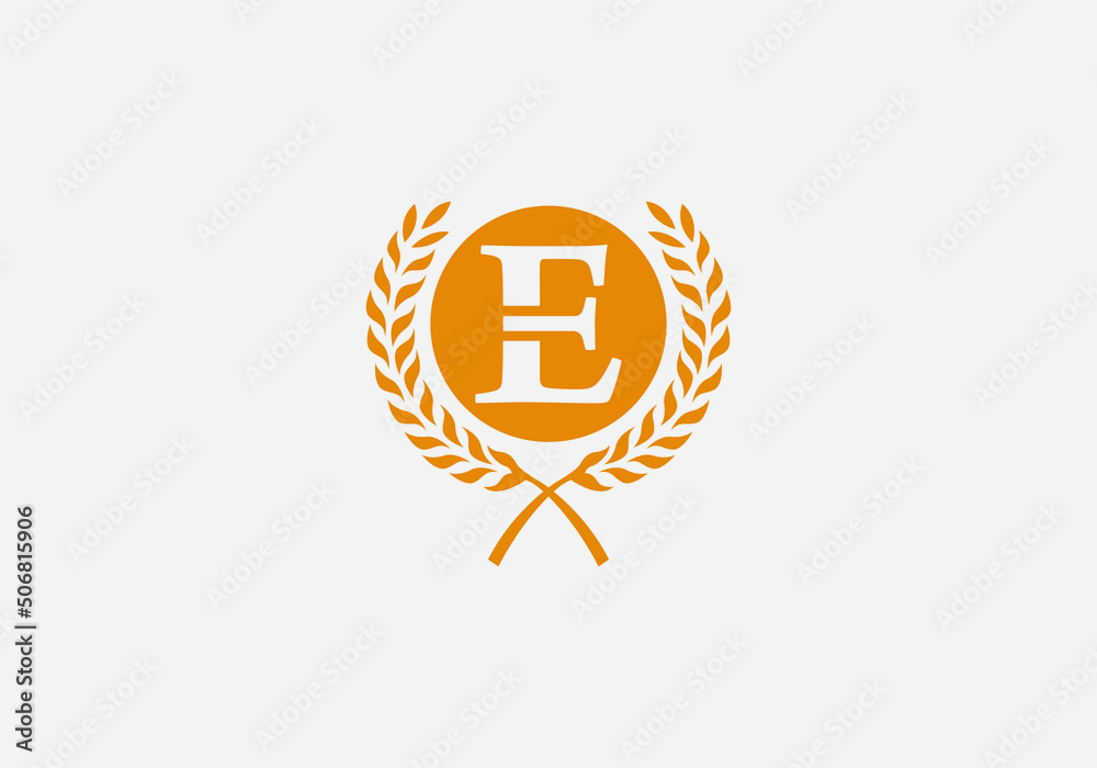 Laurel wreath logo and leaf design vector with the letter E Laurel wreath logo and leaf design vector with the letter E