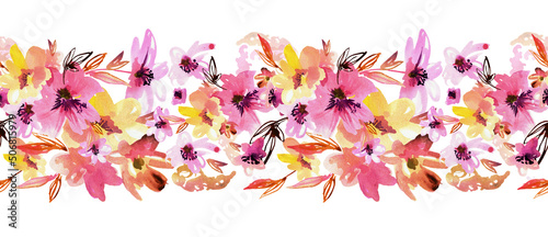 Horizontal seamless floral border. High quality hand-painted illustration
