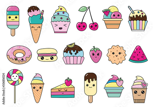 Vector Set of kawaii cartoon style doodle sweety characters. Collection of emoticon face icons candy shop. isolated on white background