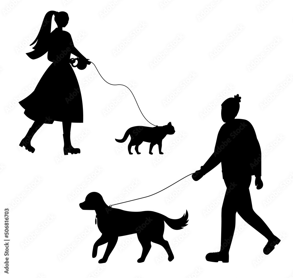 Man Women with dog silhouettes premium vector Man Women with dog silhouettes premium vector