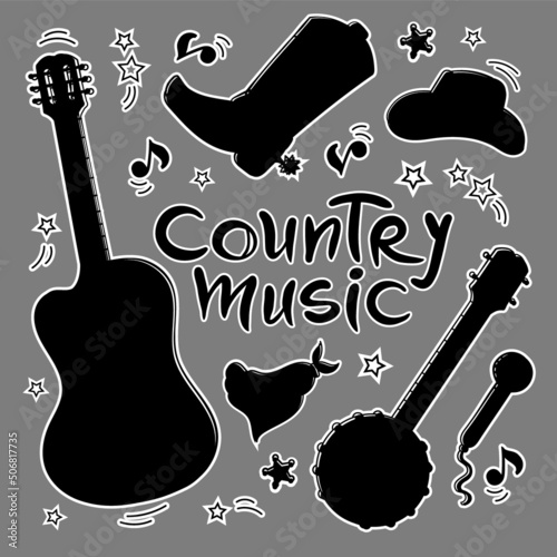 COUNTRY MUSIC SYMBOLS Cut Out Silhouettes American Cowboy Attributes Of Western Music Festival Country Vector Illustration Set For Print And Cutting