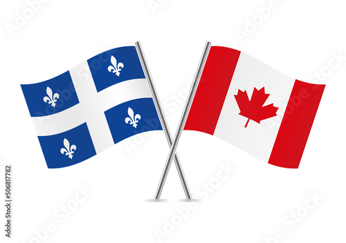 Quebec AND Canada crossed flags. Quebecois and Canadian flags on white background. Vector icon set. Vector illustration. photo