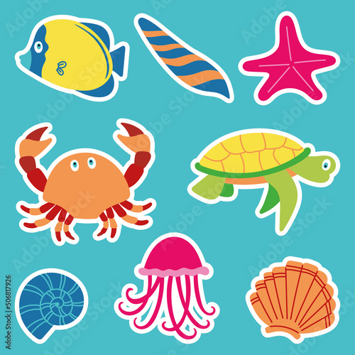 Underwater world cartoon vector set with tropical fish, starfish, shell, crab