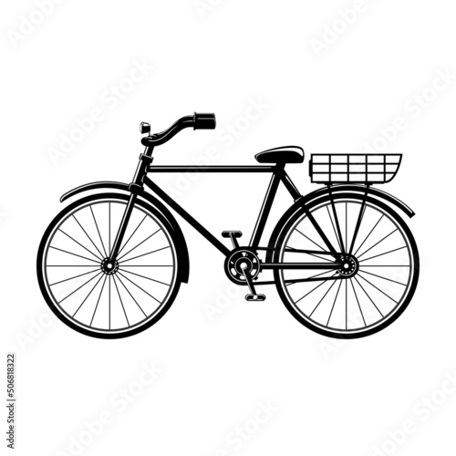 Silhouette of a bicycle with a lantern and a basket for groceries on a white background isolated, eco-friendly transport for everyday riding and recreation, vector illustration