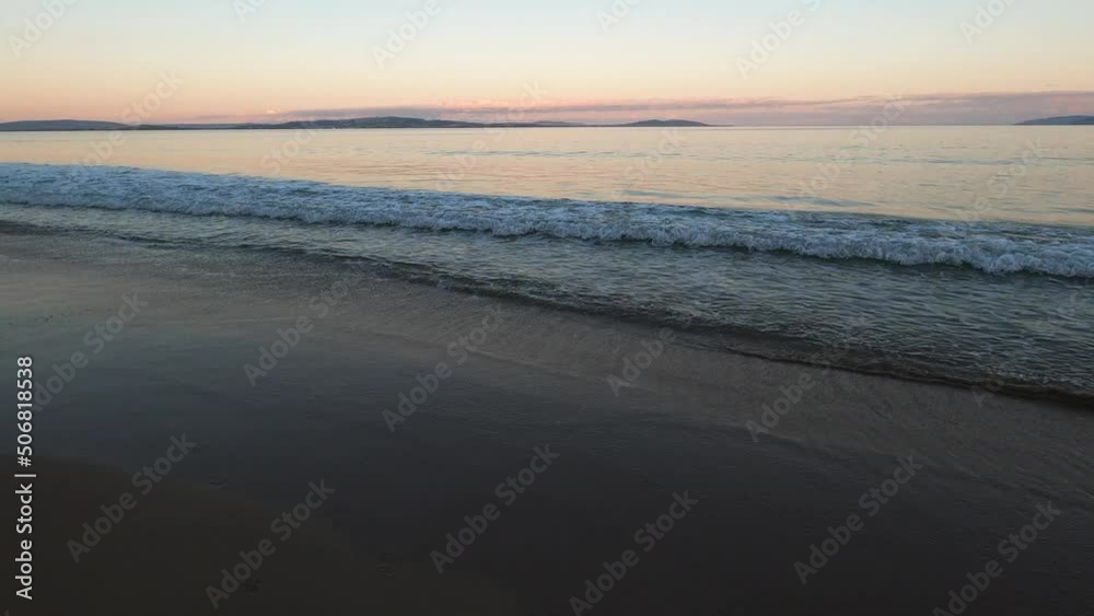 custom made wallpaper toronto digitalsoft pastel toned sunset over the Pacific Ocean at the beach in Tasmania with dog running towards the water