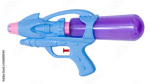 Plastic water gun on an isolated white background. Summer outdoor games by the pool or beach