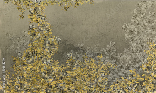 
art drawn curly bushes branches on a textured background with shadows in vintage style photo wallpaper in the interior