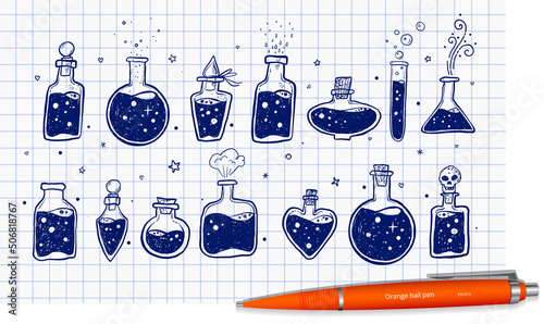 Blue pen Doodles with pharmaceutical flasks, beakers and test tubes on lined paper background. Sketches of chemical laboratory objects with magic potion. Vector illustration.