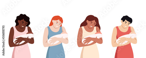 Set of mother with newborn baby of different nationalities. Motherood vector concept. African american, arab, european, caucasian race © Oksana