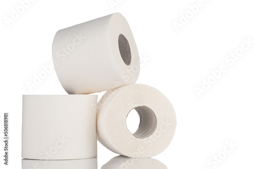 Three rolls of white toilet paper on a white isolated background