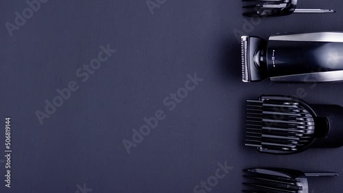 Shaving, Razor, brush, Comb, scissor, clippers and hair trimmer. Accessories for Barber shop equipment on black background Top view copyspace