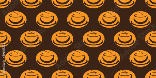 Seamless Orange Coffee Cup or Soup Bowl Icons Pattern on Wide Scale Brown Background - Design Template in Editable Vector Format