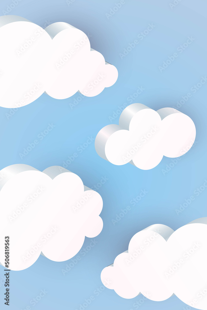 3D clouds background. White geometric shapes in blue sky, communication balloon, web internet symbol, meteorology climate, decorative backdrop, vertical poster or banner vector isolated illustration