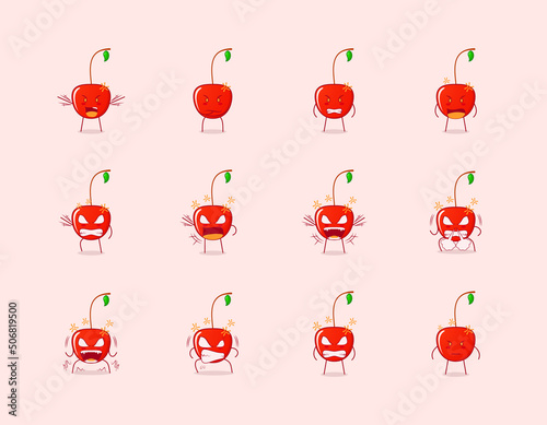 collection of cute cherry cartoon character with angry expression. suitable for emoticon, logo, symbol and mascot. such as emoticon, sticker or fruit logo