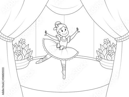 Girl ballerina, stage performances. Page outline of cartoon. Vector illustration, coloring book for kids.