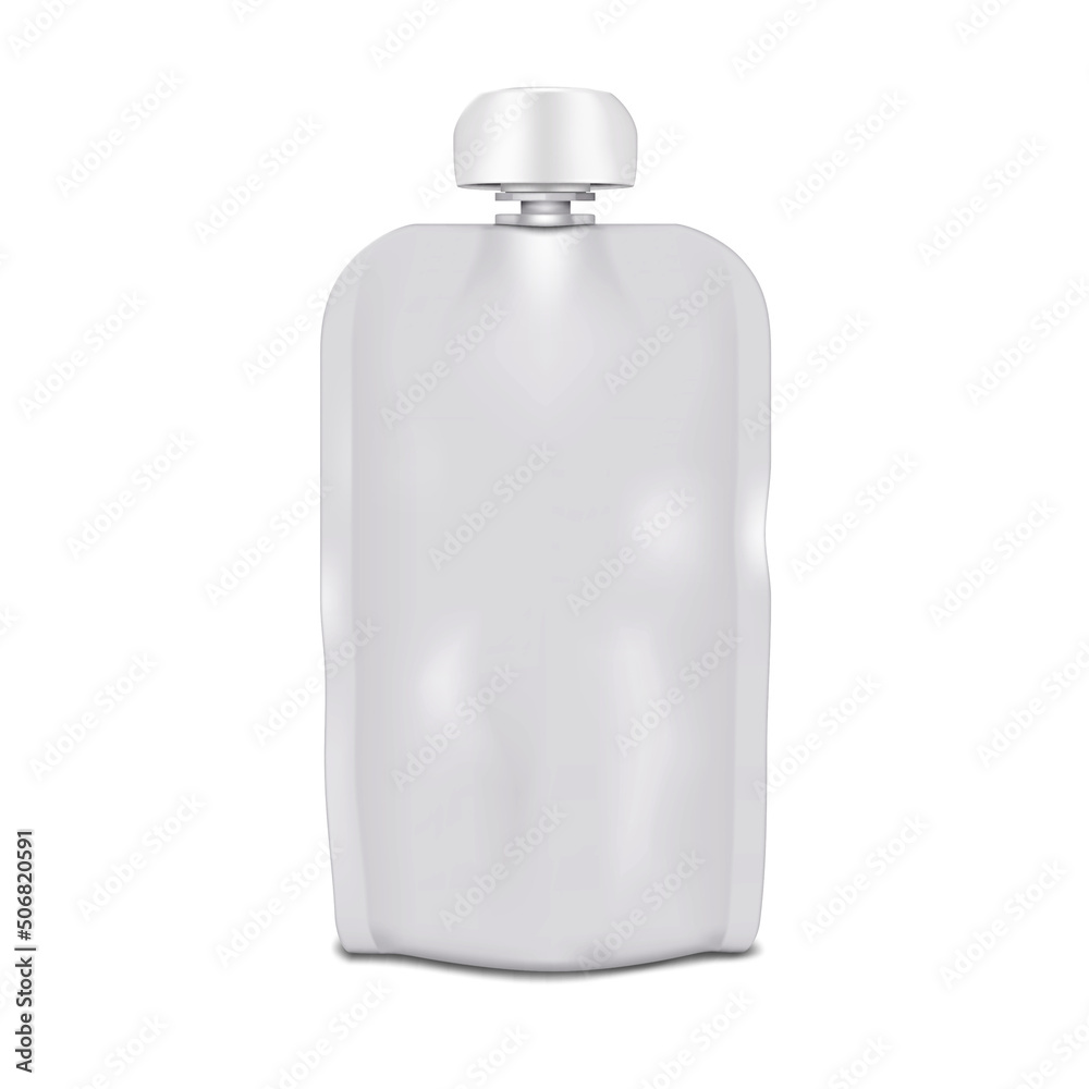 White blank re-closable spouted stand-up pouch realistic vector mock-up. Liquid baby food packaging template. Plastic bag with spout and screw cap mockup White blank re-closable spouted stand-up pouch realistic vector mock-up. Liquid baby food packaging template. Plastic bag with spout and screw cap mockup
