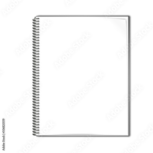 Open wire bound notebook vector mock-up. Spiral notepad blank white page mockup
