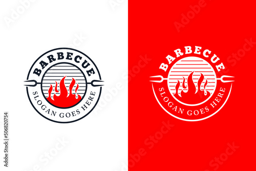 Vintage Retro Rustic BBQ Grilled logo, hot food party Barbecue, Barbeque badge Stamp Logo design, Grill and Bar with fire