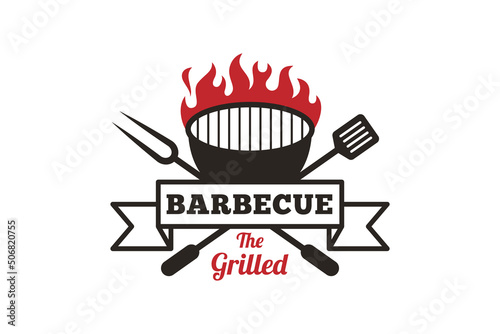 Vintage Retro Rustic BBQ Grilled logo  hot food party Barbecue  Barbeque badge Stamp Logo design  Grill and Bar with fire