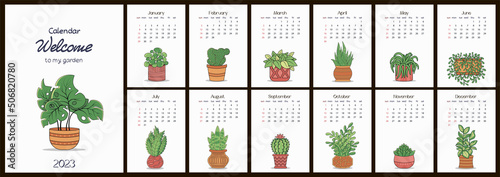 Obraz na plátne Calendar 2023 with houseplants in pots with months on separate sheets where the week starts from Sunday