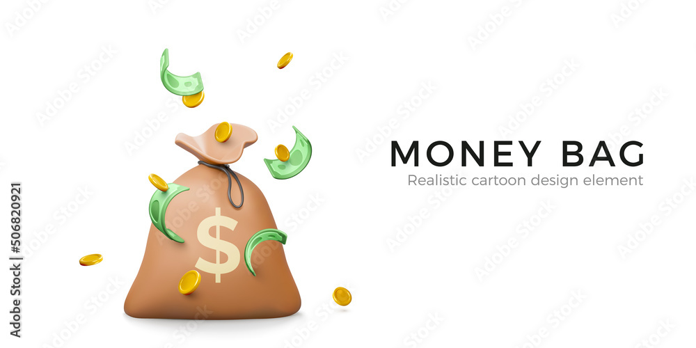 Money bag with falling gold coins and green banknotes in cartoon realistic  style. 3d design money element for banner or poste Stock Vector | Adobe  Stock