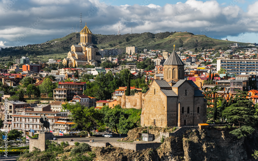 Side view of Metekhi Church and Holy Trinity Cathedral of Tbilisi