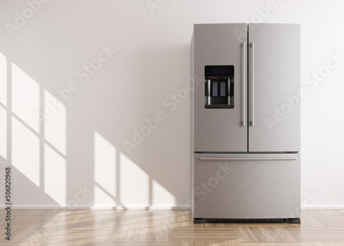 Refrigerator standing in empty room. Free, copy space for text or other objects. Household electrical equipment. Modern kitchen appliance. Stainless steel fridge with double doors, freezer. 3d render. photo