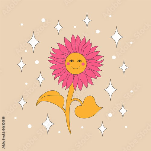 Retro sunflower with sparkles and a smile. Summer smiley simple minimalist floral 70’s style plant. Yellow spring flowers. Colorful background. Vector illustration. 