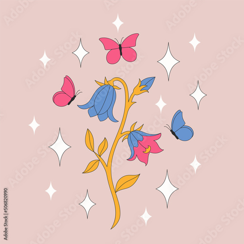 Retro bluebell with butterflies and sparkles. Summer simple minimalist flowers. 70’s style plants. Colorful background. Vector illustration.