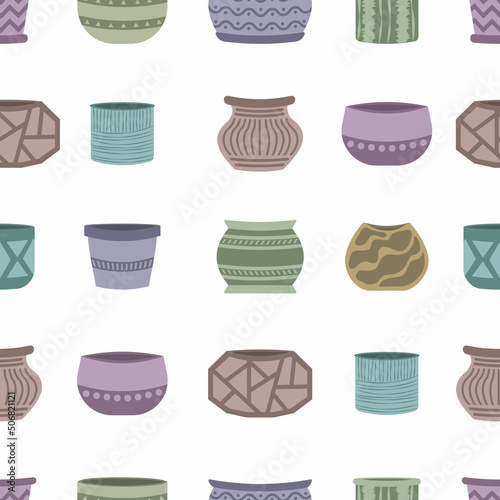 Seamless pattern with empty multicolored vector ceramic pots