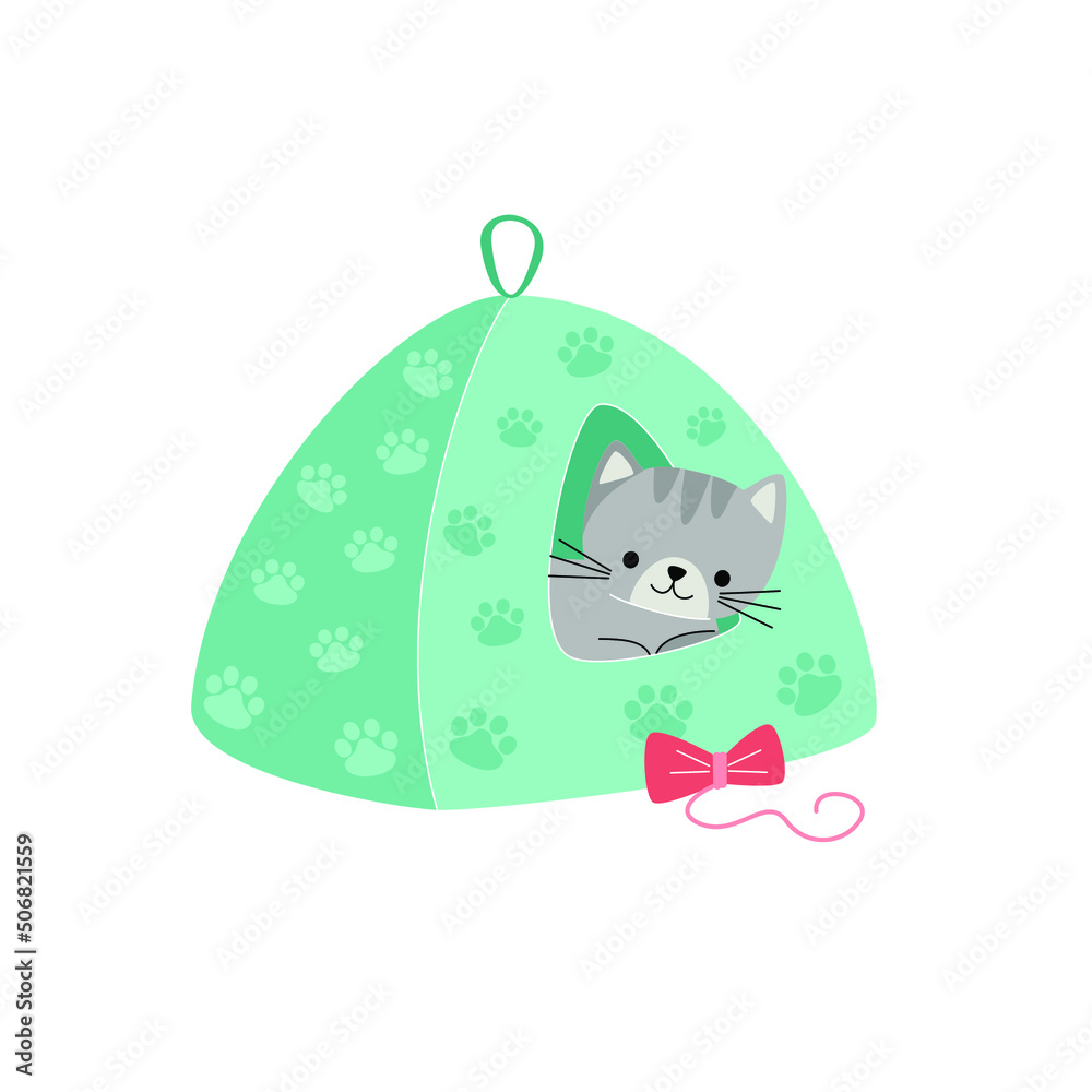 Vector illustration of happy cute cat character. Comfortable house for pet. Flat line art style design for web, greeting card, banner. Vector illustration of happy cute cat character. Comfortable house for pet. Flat line art style design for web, greeting card, banner.
