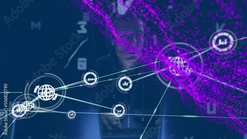 Wallpaper Mural Animation of network of connections with icons over male caucasian hacker Torontodigital.ca