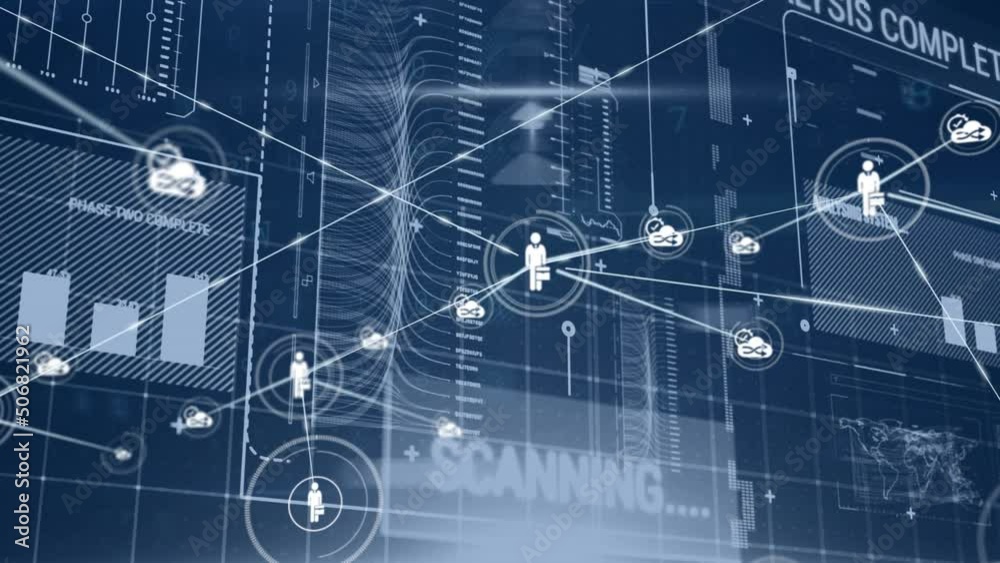Animation of network of connections with digital icons and data processing