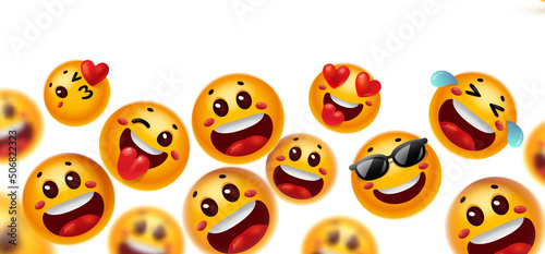 Vector illustration of many different happy yellow color smile emoticon in sunglasses. 3d style design of fun laugh emoji with open mouth, heart, tongue and tear © wowomnom