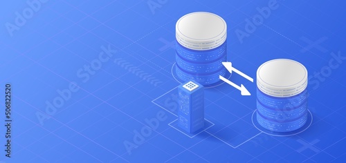 Cloud synchronization storage isometric illustration. Data server platform. Computer service technology. Network infrastructure.