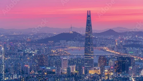 Time lapse 4k,The Sunset over the tops of Namsan and Lotte Tower in Seoul,South Korea. photo