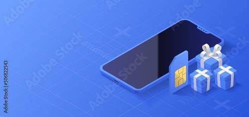 Mobile connection concept. Mobile store sales with gifts. SIM card promotion isometric background. Vector illustration.
