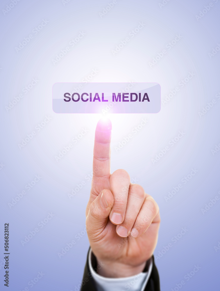 Businessman is Pushing On Social Media Button Against Blue Businessman is Pushing On Social Media Button Against Blue