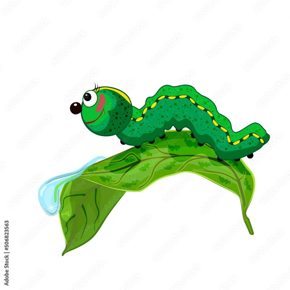 Obraz premium Caterpillar on leaf. Cute cartoon caterpillar crawling on leaf with dew drop. Funny millipede in summer nature. Mascot character green grub or butterfly pupa. Happy smiling worm or centipede. Vector