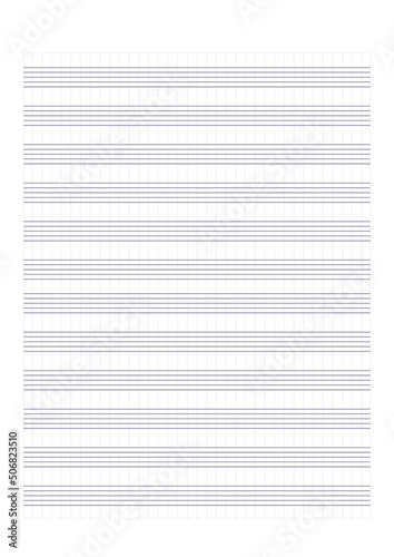 Graph paper. Printable grid paper with stave on a white background. A blank music sheet paper with staff. Geometric pattern for composition, education, school. Realistic lined paper blank size A4