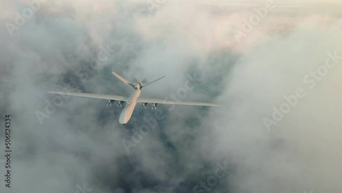 A military drone with full armament flies in the clouds. Sunrise, the beginning of a military mission.