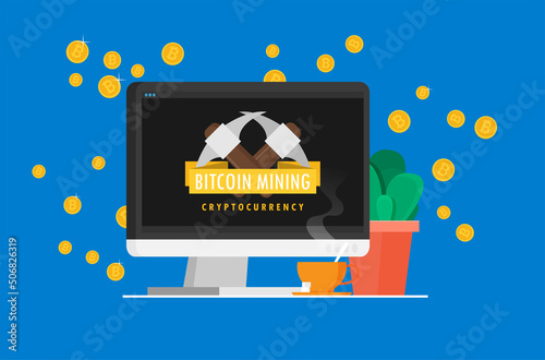 Bitcoin mining concept with pickaxe and coin flat vector