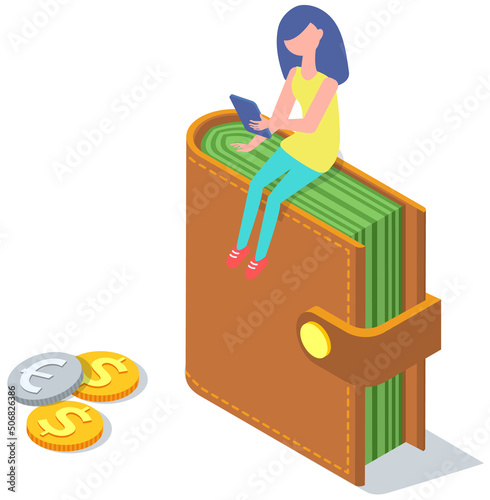 Young woman uses tablet or smartphone for online payment and surfing Internet, to make money. Girl sitting on wallet with phone in hands. Social networks, user profile in media, freelancer with gadget