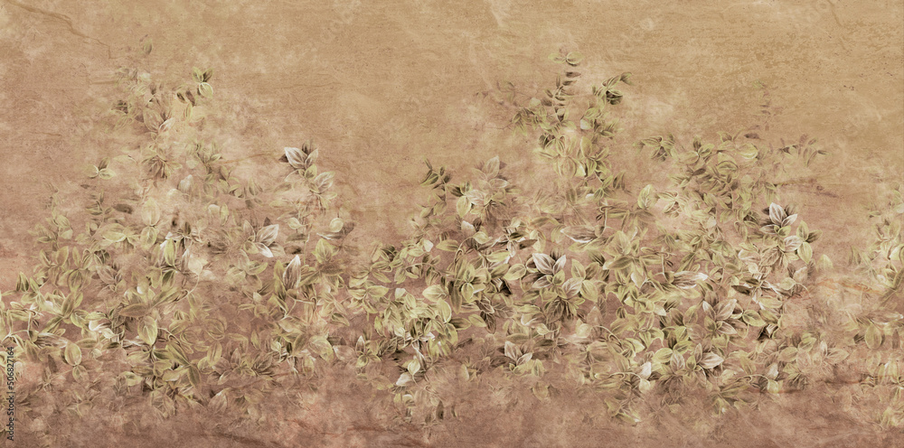 art painted leaves barely visible on the textured wall in vintage style photo wallpaper