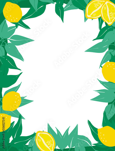 Decorative frame made of leaves and yellow lemons. Abstract invitation card on a leafy background. Artistic natural banner design. Abstract art botanical vector background.