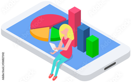 Analytics and development statistics. Web analysis measure, product testing technology. Woman analyses digital report. Statistical indicators and data on diagram. Graphic information visualization